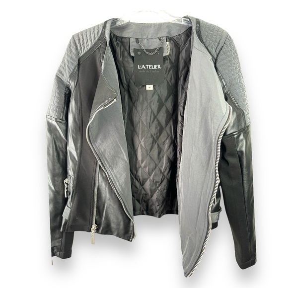 L’atelier faux leather trim motto jacket size m - Picture 3 of 4